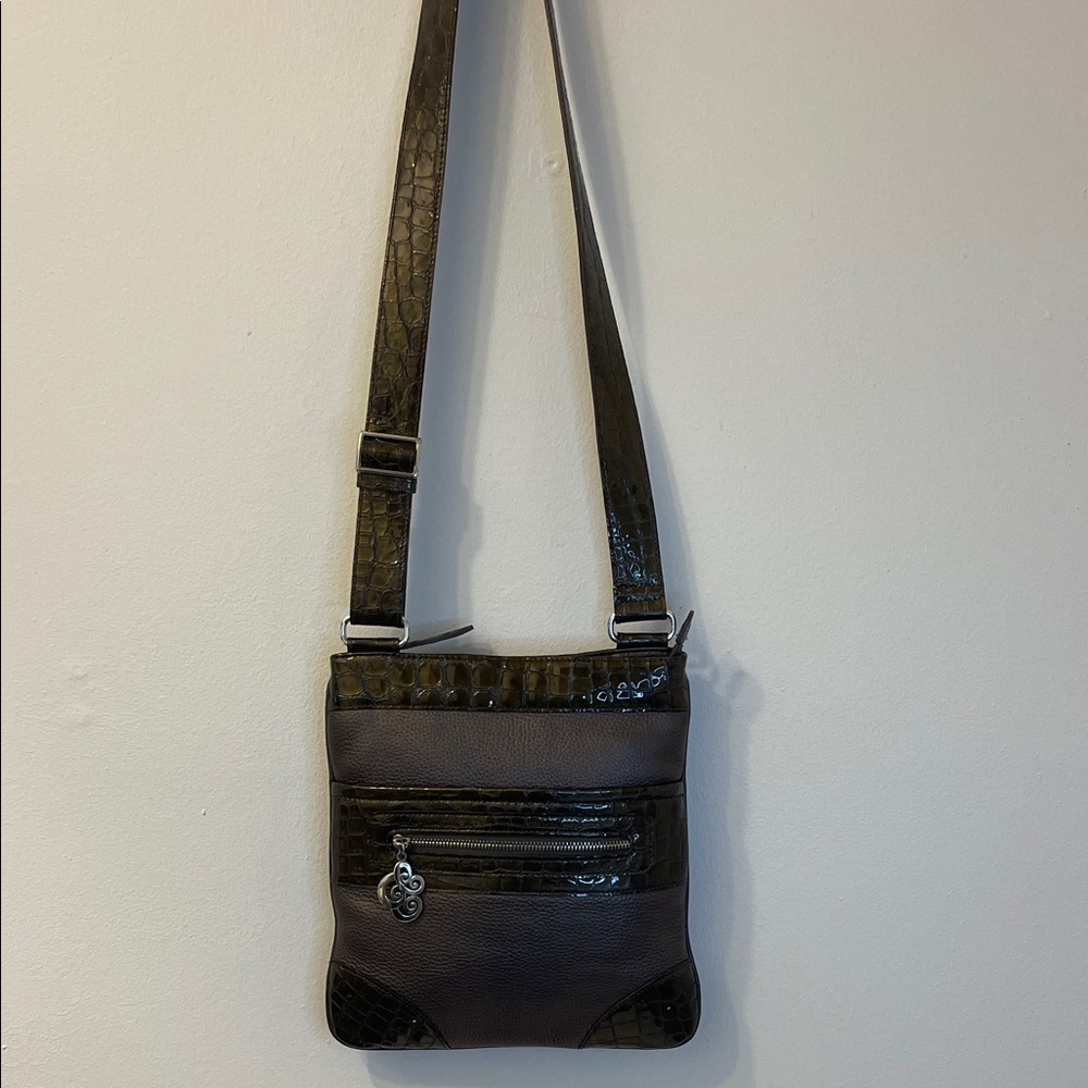 Brighton Vintage Olive and Brown Croc Embossed Crossbody Bag EUC